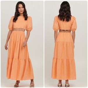 Charlie Holiday Womens Andrea Orange Linen Blend Puff Sleeve Maxi Dress Size 2